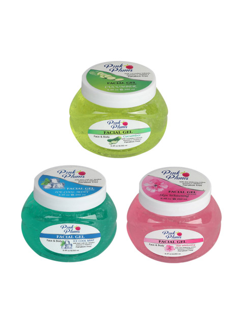

Pink Plums Set of Paraben Free Cucumber, Ice Cool & Skin Whitening Facial Gels 250 ml Each, Green
