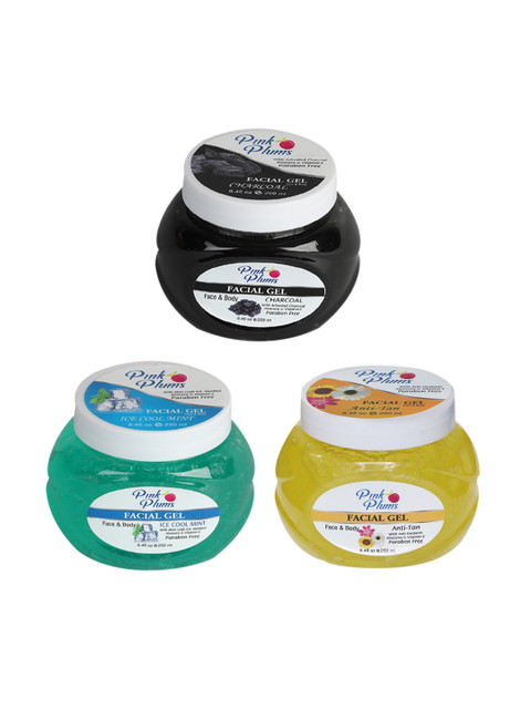 

Pink Plums Set of Paraben Free Charcoal, Ice Cool Mint & Anti-Tan Facial Gels 250 ml Each, Black