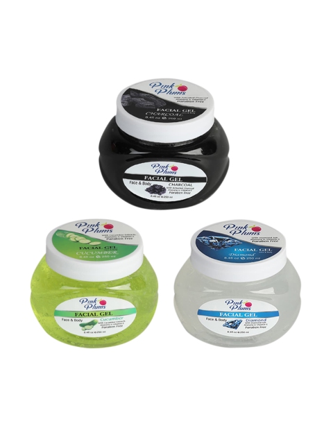 

Pink Plums Set of Paraben Free Cucumber, Charcoal & Diamond Facial Gels 250 ml Each, Black