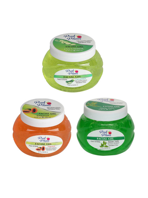 

Pink Plums Set of Paraben Free Cucumber, Neem Tulsi & Papaya Facial Gels 250 ml Each, Green