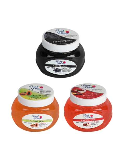 

Pink Plums Set of Paraben Free Charcoal, Papaya & Fruit Mix Facial Gels 250 ml Each, Black