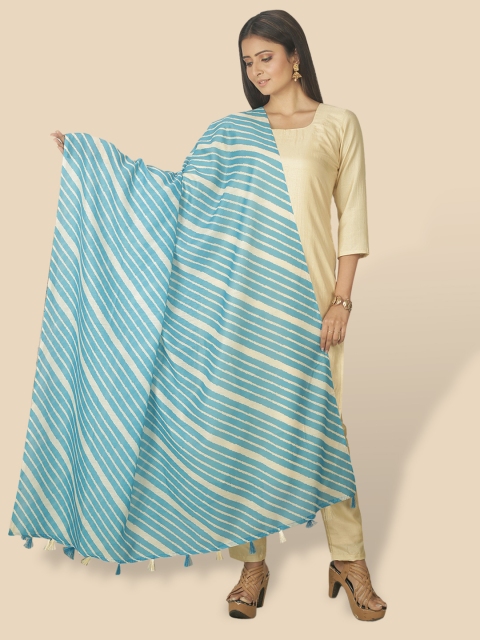 

Sanwara Blue & Cream-Coloured Striped Pure Silk Leheriya Dupatta