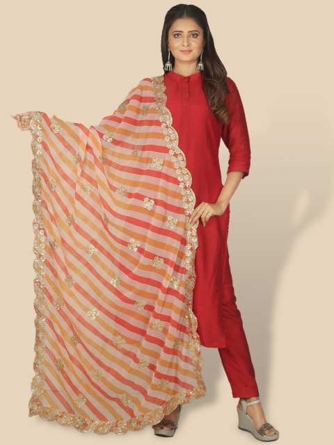 

Sanwara Peach-Coloured & Yellow Embroidered Leheriya Dupatta with Zari