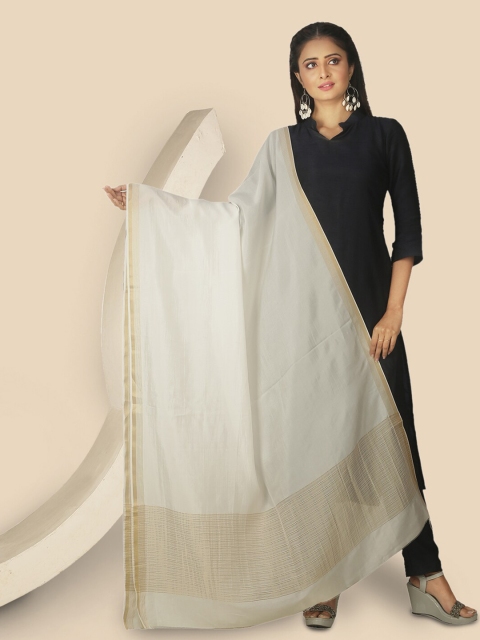 

Sanwara Women White Solid Pure Silk Dupatta With Zari Details