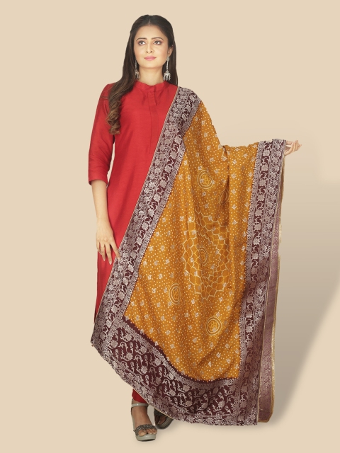 

Sanwara Mustard & Maroon Ethnic Motifs Woven Design Pure Silk Dupatta
