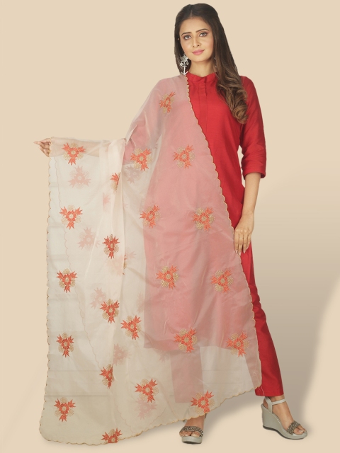 

Sanwara Cream-Coloured & Pink Woven Design Organza Dupatta with Thread Work