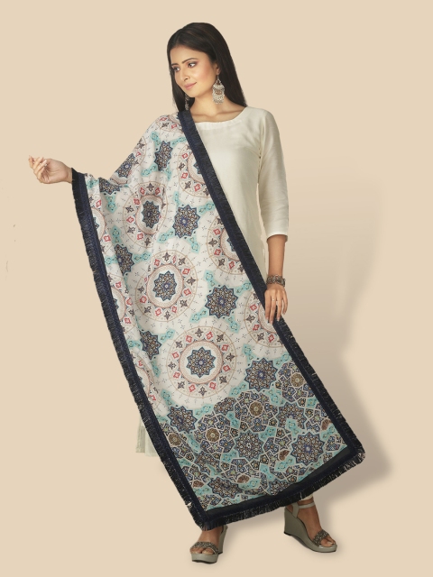 

Sanwara Women Blue Ethnic Motifs Printed Muslin Pure Silk Dupatta With Fringed Border