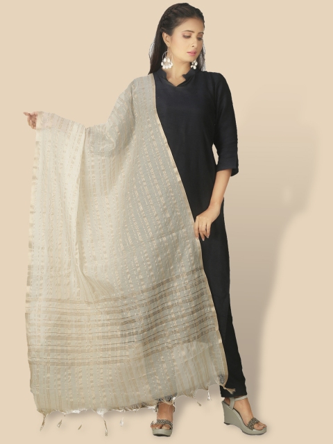 

Sanwara Women Cream Striped Pure Silk Chanderi Dupatta With Fringed Border