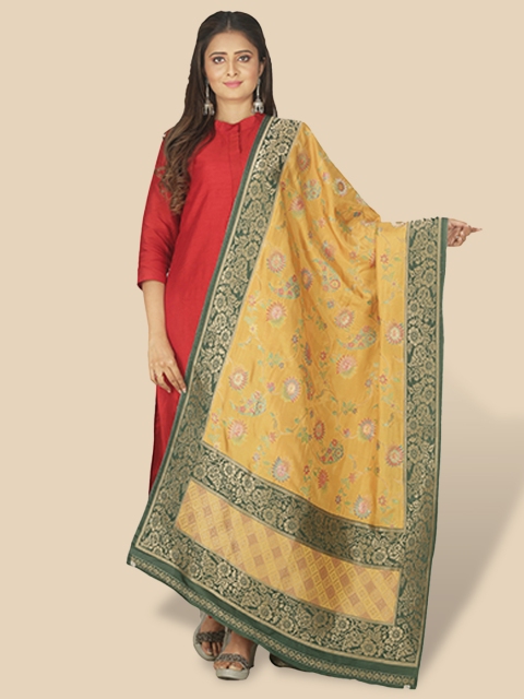 

Sanwara Women Mustard & Green Woven Design Pure Silk Dupatta
