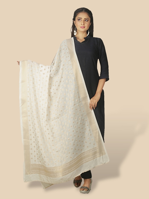 

Sanwara White & Gold-Toned Ethnic Motifs Woven Design Pure Silk Dupatta