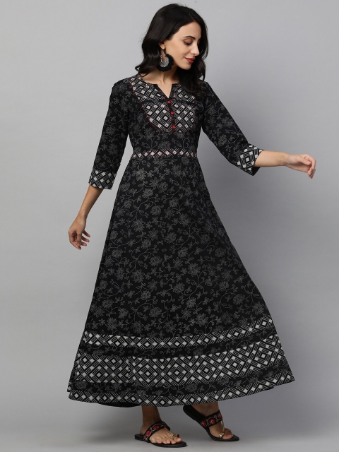 

FASHOR Women Black & White Ethnic Motifs Printed Pure Cotton Maxi Dress