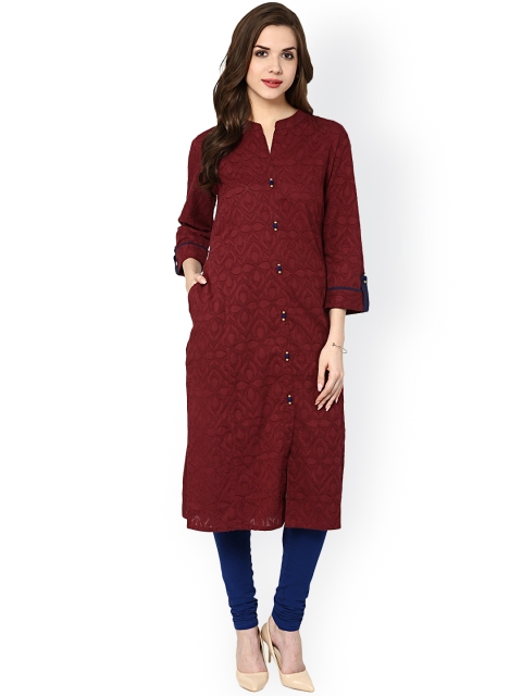

Sringam Women Maroon Woven Design Straight Kurta