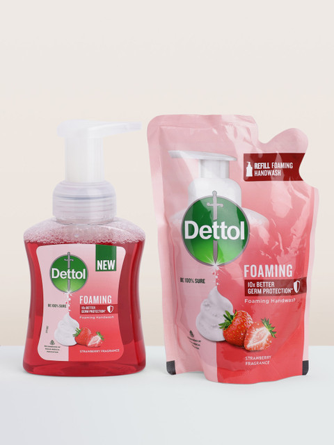 

Dettol Set of Strawberry Foaming Hand Wash Dispenser Bottle 250 ml & Refill Pack 200 ml, Pink