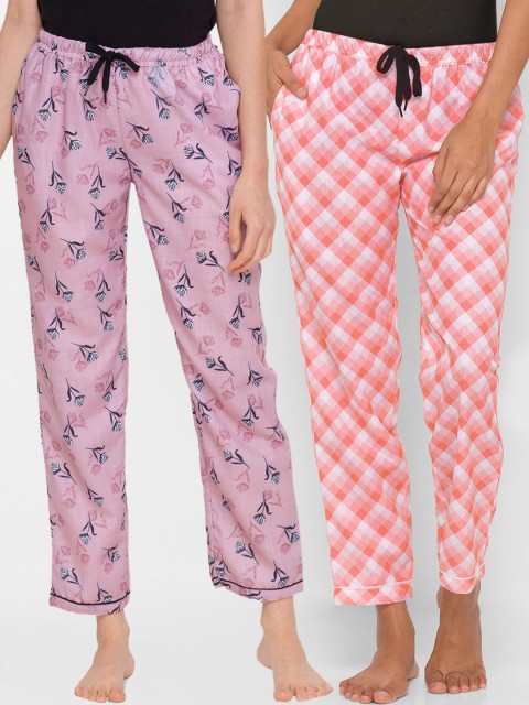 

FashionRack Women Pack Of 2 Pink Printed Cotton Lounge Pants