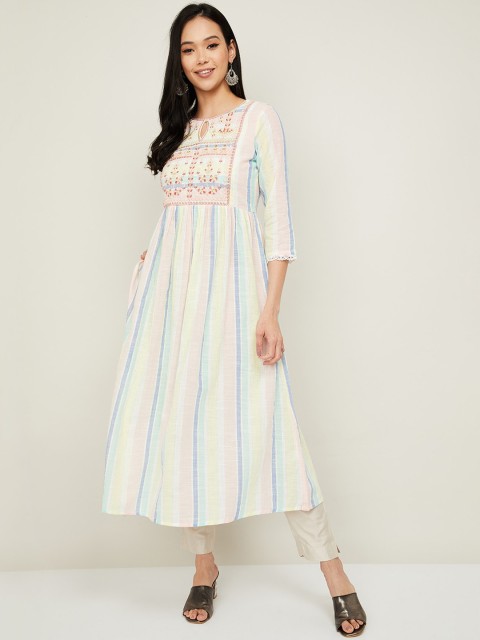 

Melange by Lifestyle Women White & Pink Striped Thread Work Cotton A-line Kurta