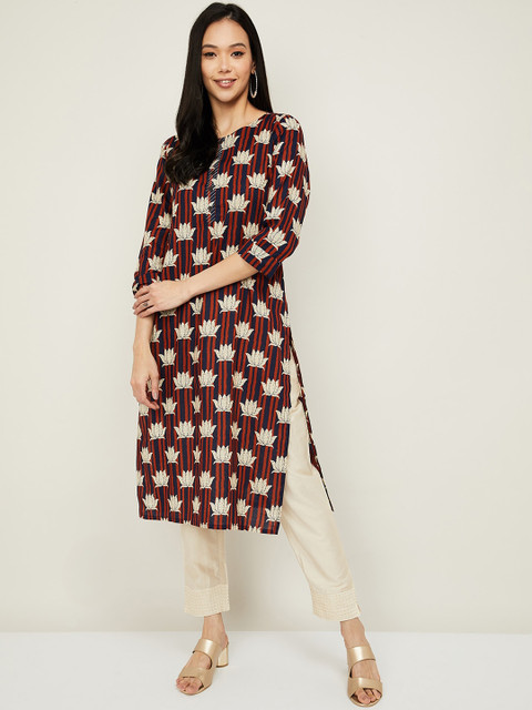 

Melange by Lifestyle Women Maroon & Cream-Coloured Motifs Printed Pure Cotton Kurta