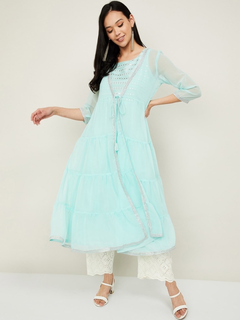 

Melange by Lifestyle Women Blue Embroidered Layered Georgette Kurta