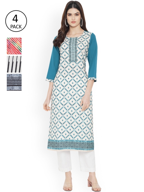 

Ethnic basket Women Multicoloured Striped Thread Work Floral Crepe Kurta, Multi