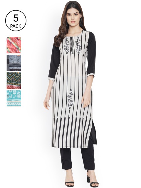 

Ethnic basket Women Multicoloured Striped Mirror Work Floral Crepe Kurta, Multi
