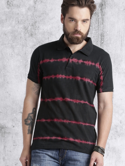 

Roadster Men Black & Maroon Dyed & Striped Polo Collar T-shirt
