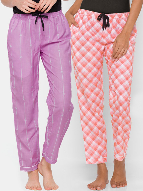 

FashionRack Women Pack Of 2 Purple & Pink Printed Regular Fit Cotton Lounge Pants