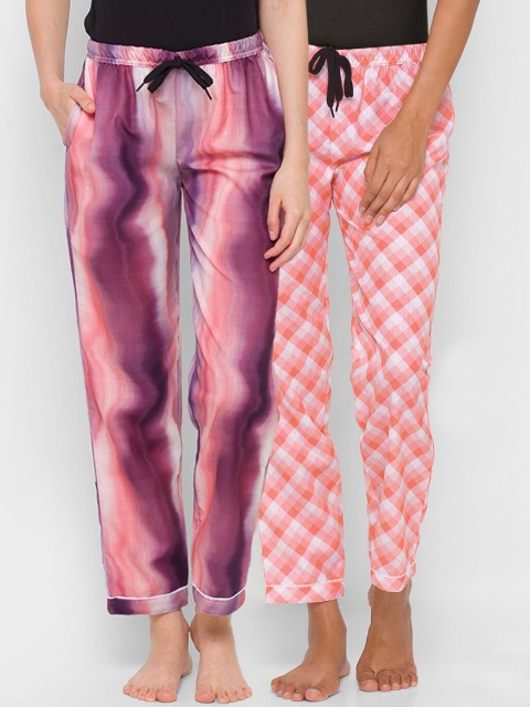 

FashionRack Women Pack Of 2 Purple & Pink Printed Cotton Lounge Pants