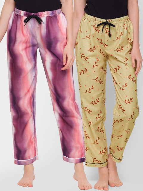 

FashionRack Women Purple & Beige Set Of 2 Printed Cotton Lounge Pants