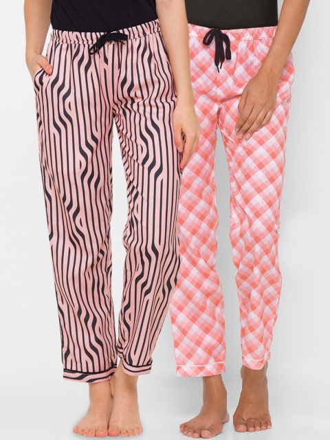 

FashionRack Women Beige & Pink Set Of 2 Printed Cotton Lounge Pants