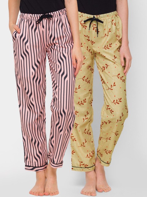 

FashionRack Women Pink & Beige Pack of 2 Printed Cotton Lounge Pants