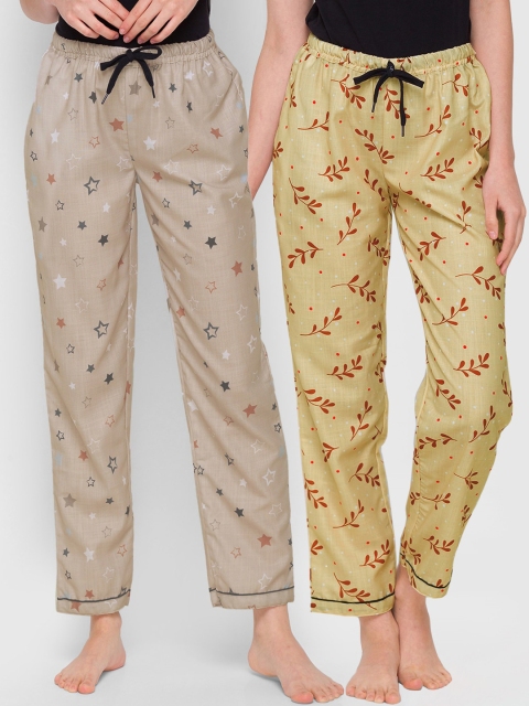 

FashionRack Women Pack Of 2 Beige Printed Cotton Lounge Pants