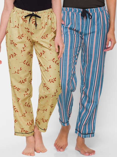 

FashionRack Women Beige & Blue Set Of 2 Printed Cotton Lounge Pants