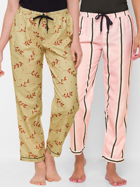 

FashionRack Women Pack of 2 Beige & Pink Printed Lounge Pants
