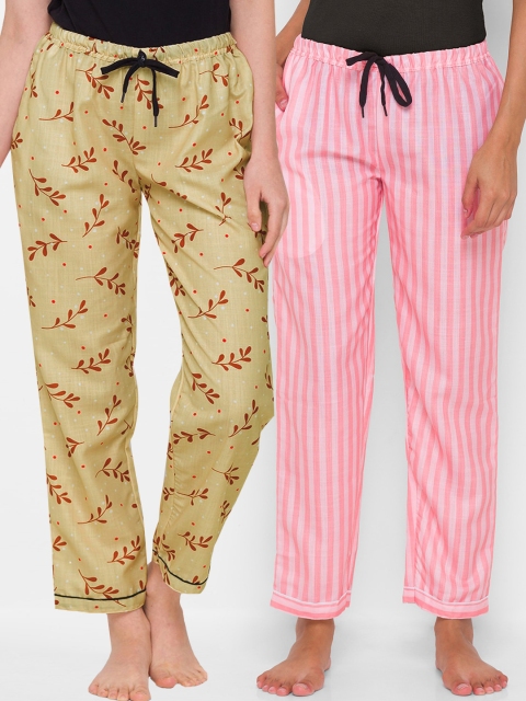 

FashionRack Women Pack of 2 Pink & Beige Printed Cotton Lounge Pants