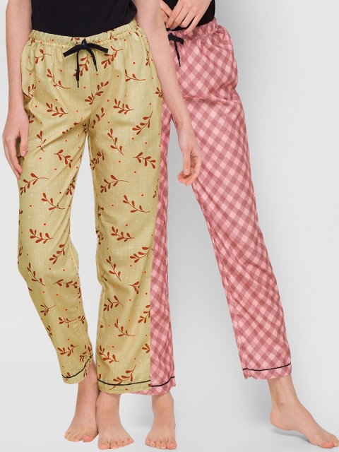 

FashionRack Women Beige & Brown Set Of 2 Printed Cotton Lounge Pants