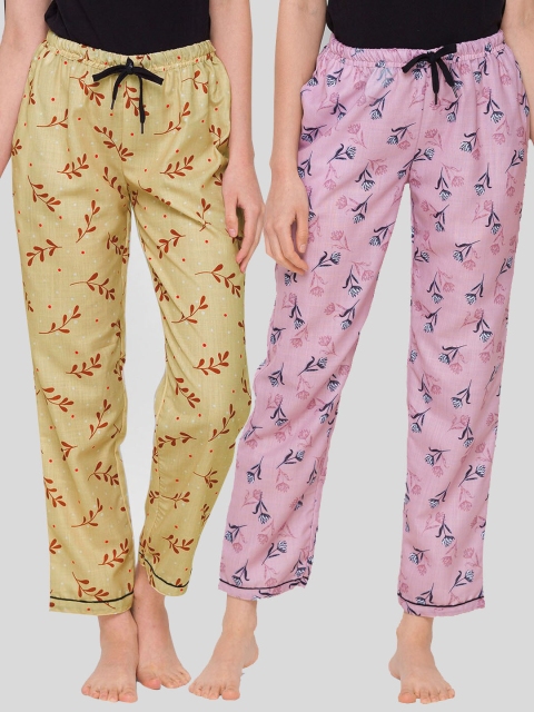 

FashionRack Women Pack of 2 Beige & Pink Printed Cotton Lounge Pants