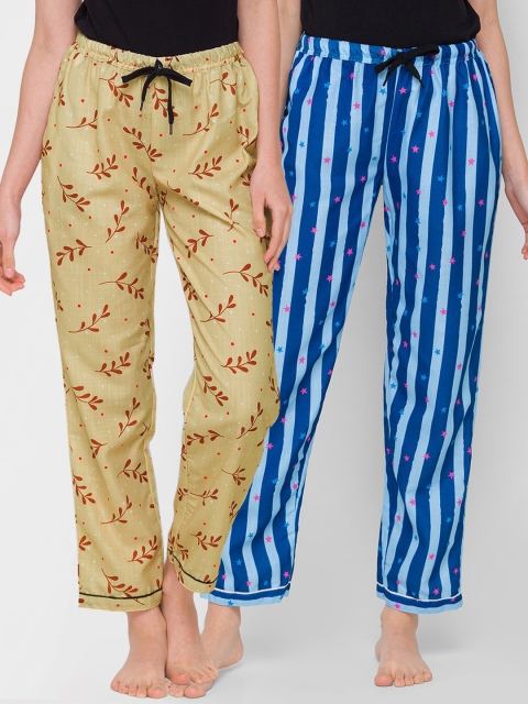 

FashionRack Women Pack of 2 Beige & Blue Printed Lounge Pants