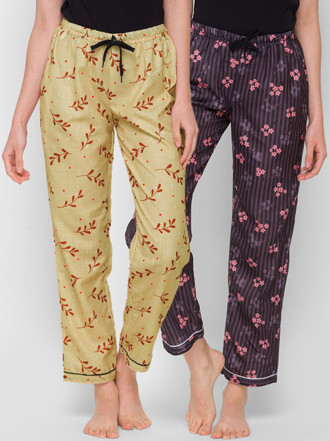 

FashionRack Women Pack Of 2 Beige & Brown Printed Regular Fit Cotton Lounge Pants