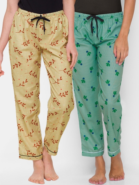 

FashionRack Women Pack of 2 Green & Beige Printed Cotton Lounge Pants