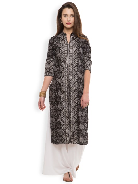 

Vishudh Women Black Printed Straight Kurta