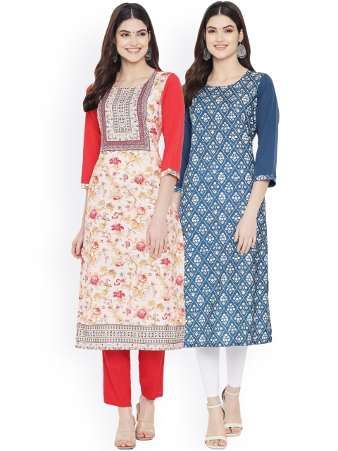 Ethnic basket Women Multicoloured Floral Printed Mirror Work Floral Crepe Kurta, Multi