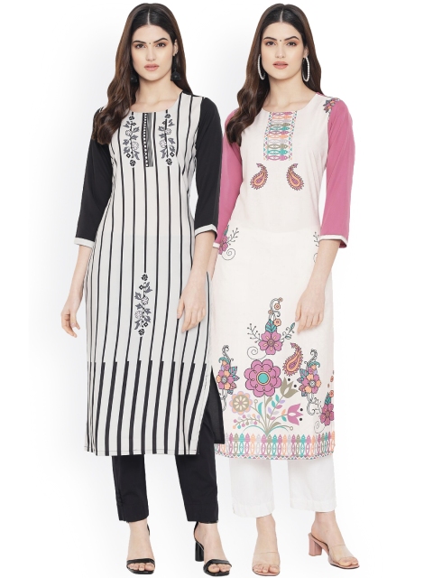 

Ethnic basket Women Multicoloured Striped Thread Work Floral Crepe Kurta, Multi