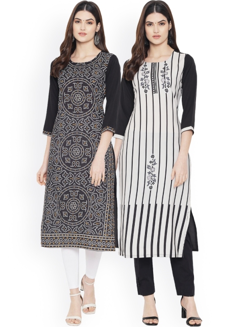 

Ethnic basket Women Multicoloured Striped Thread Work Floral Crepe Kurta, Multi