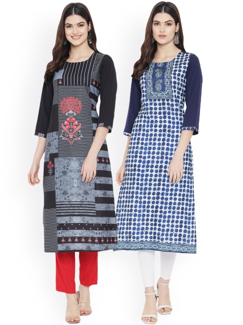 

Ethnic basket Women Multicoloured Checked Thread Work Floral Crepe Kurta, Multi