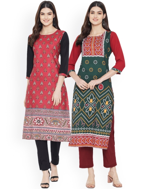 Ethnic basket Women Multicoloured Geometric Printed Thread Work Floral Crepe Kurta, Multi