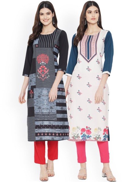 

Ethnic basket Women Multicoloured Floral Embroidered Thread Work Floral Crepe Kurta, Multi
