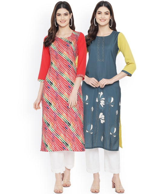 

Ethnic basket Women Multicoloured Striped Mirror Work Floral Crepe Kurta, Multi