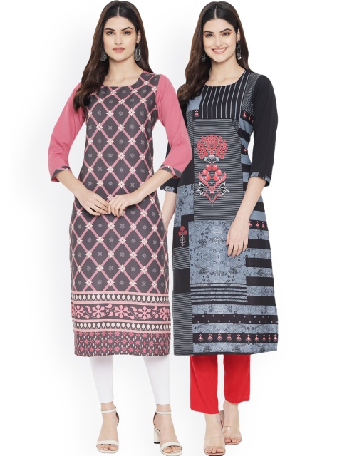 

Ethnic basket Women Multicoloured Tribal Printed Thread Work Floral Crepe Kurta, Multi