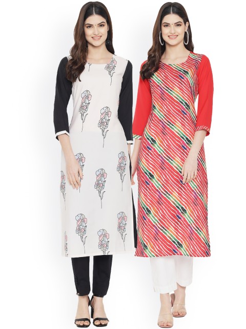 

Ethnic basket Women Multicoloured Striped Mirror Work Floral Crepe Kurta, Multi