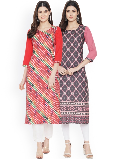 

Ethnic basket Women Multicoloured Striped Mirror Work Floral Crepe Kurta, Multi