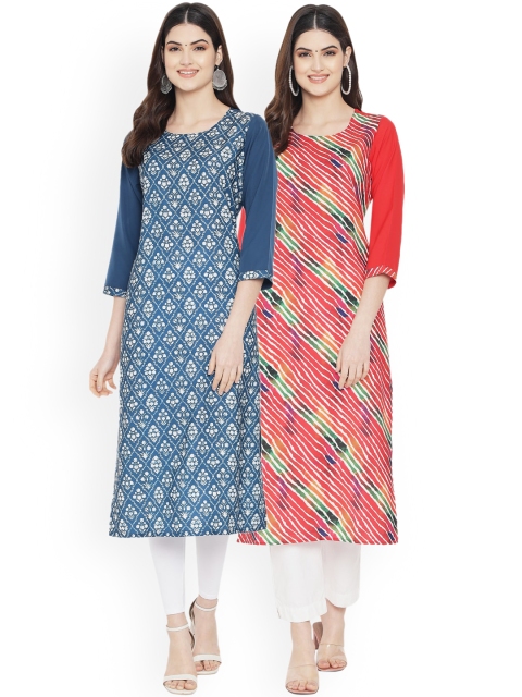 

Ethnic basket Women Multicoloured Striped Mirror Work Floral Crepe Kurta, Multi